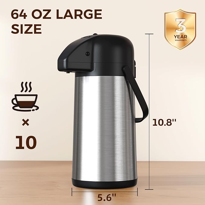 Coffee Carafe for Keeping Hot - Gezoss 64OZ / 1.9L Airpot Coffee Dispenser with Pump - Large Coffee Thermos for Hot Drinks Tea Liquid - Insulated Stainless Steel Hot Water Beverage Urn for Parties