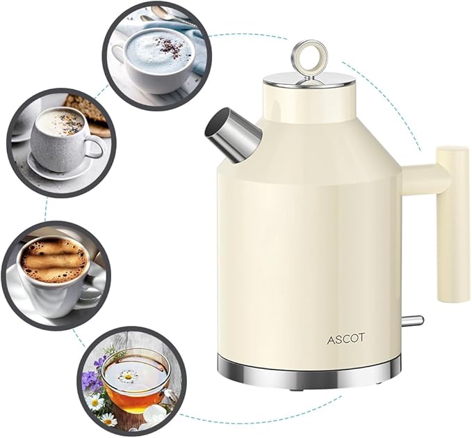 ASCOT Electric Kettle, Electric Tea Kettle 1.6L 1500W Retro Tea Heater & Boiling Water, Auto Shut-Off and Boil-Dry Protection (Cream)