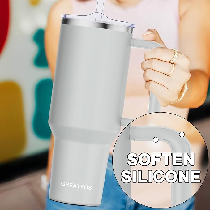 40 oz Tumbler with Handle and Straw Lid Insulated Tumblers Cups with Lids Straws Double Wall Vacuum Leak Proof Stainless Steel 40oz Tumbler Travel Mug Gifts for Men Women Him Her (Fog)