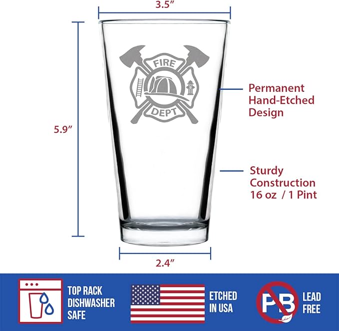 Firefighter Symbol Pint Glass for Beer - Unique Fireman Beer Glass Gifts for Firefighters - 16 Oz