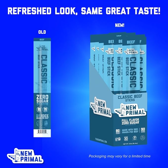 The New Primal Grass Fed Beef Sticks, Keto, Gluten Free Healthy Snacks for Adults, Sugar Free Low Carb High Protein Snack, Paleo Whole30 Jerky Meat Stick, 8g Protein, 90 Calories, 20 Pack