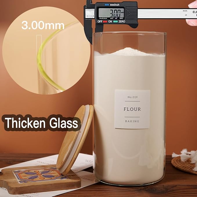 1.2 Gallon Large Glass Grain Storage Container With Airtight Bamboo Lid - Kitchen Glass Storage Jars With 42 Pantry Labels - Thicken Big Clear Rice and Flour Containers For Your Pantry