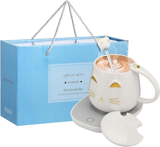 Cat Coffee Cup Warmer Coffee Warmer with Mug for Women Electric Coffee Mug Heater Temperature Control Ceramic Cute Cat Smart Coffee Warmer for Office Christmas Birthday Gift (White)