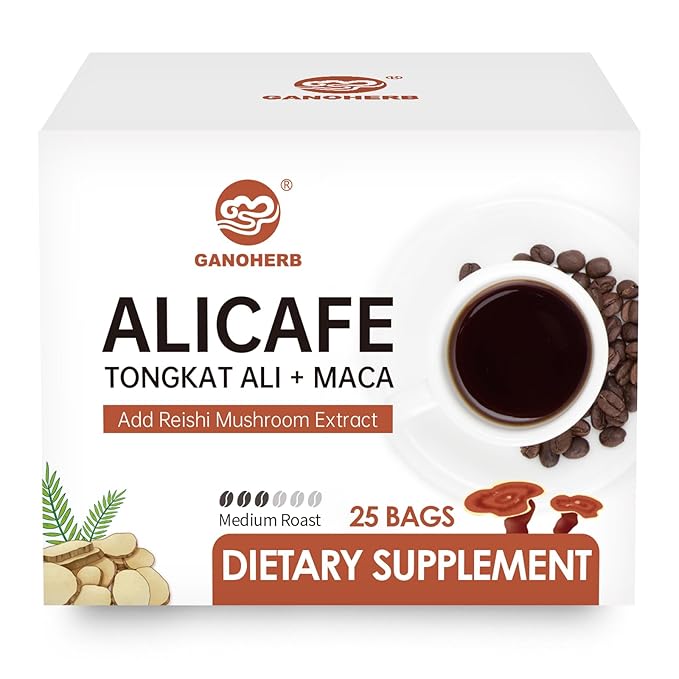 GANOHERB Maca Energy Coffee for Men, Women Herbal Coffee with Tongkat Ali, Maca Root, Reishi Mushroom Extract for Energy & Focus - 1 box (25 Packets)
