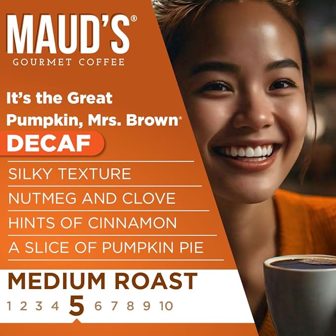 Maud's Decaf Pumpkin Spice Flavored Coffee Pods, 18 ct, Medium Roast Flavored Coffee in Recyclable Single Serve Pods – 100% Arabica Beans, Compatible with Keurig K Cups Maker