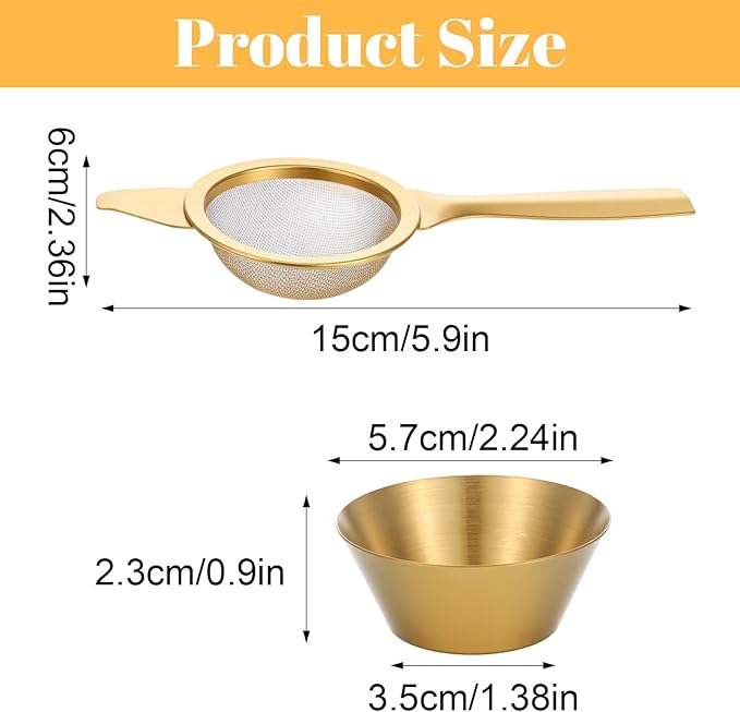 TIESOME 2.2"Gold Matcha Sifter Strainer, 30 Fine Mesh Mini Strainer for Tea with Handle and Base Stainless Steel Small Tea Strainer for Loose Coffee Cocktail with Base (Gold)