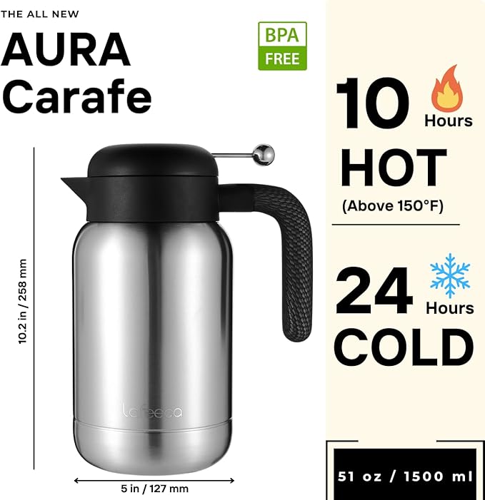 Aura Thermal Coffee Carafe - Vacuum Insulated Stainless Steel Tea Pot & Water Pitcher, Keeps Drinks Hot or Cold, BPA-Free, Beverage Dispenser Thermos - 51 oz Stainless