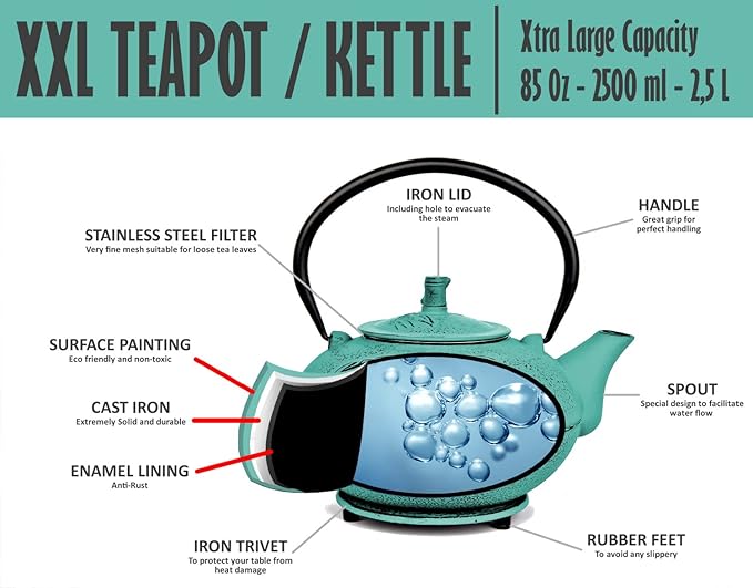 XXL Japanese Cast Iron Teapot with Infuser & Matching Trivet - Large 85 Oz/2500ml Tetsubin Loose Leaf Tea Pot with Enamel Interior - Handcrafted Big Cast Iron Tea Kettle Humidifier Set - Green