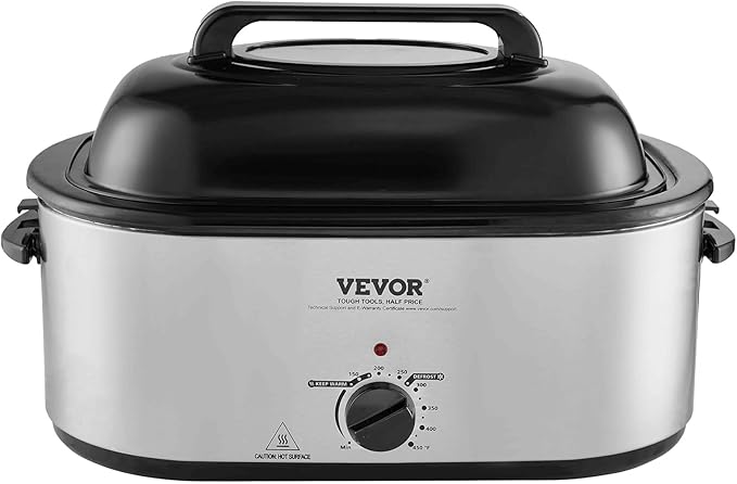 VEVOR Electric Turkey Oven, 26 QT Capacity with Auto-Basting Cover, 1450W, Features Defrost & Keep Warm Settings, Temperature Control, Includes Detachable Pan & Rack, Accommodates Up to 30LBS Turke
