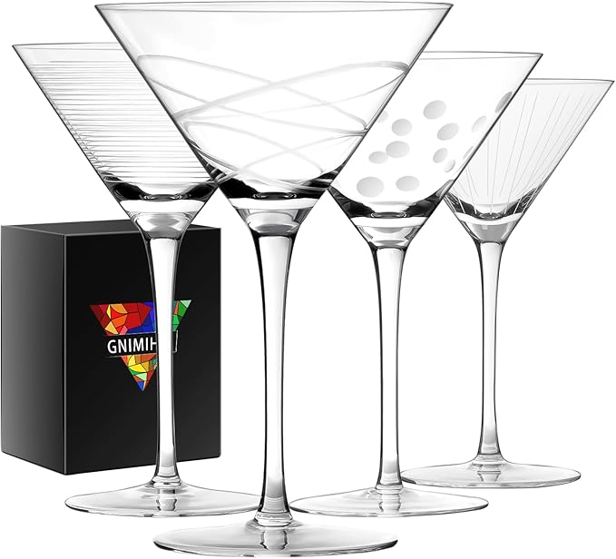 Etched Martini Glasses Set of 4-9 oz, Handmade Premium Crystal Cocktail Glasses, Martini, Cosmopolitan, Manhattan, Gimlet, Pisco Sour, Christmas Gifts for Men Women, Etched