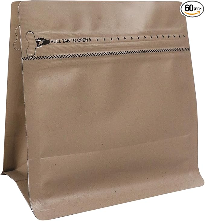 60 Pack High Barrier Stand-Up Coffee Bean Bags with Vented Valve Matte Metallic Heat-Sealable & Resealable Solid Color Pouches (Square,5.3 * 5.5 inch,1/4 lb,Light Brown)