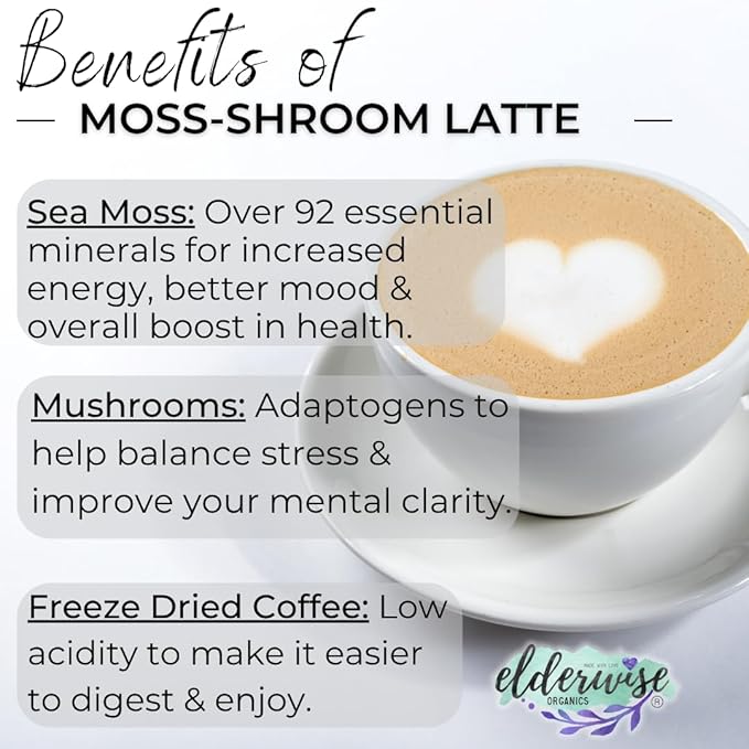 Elderwise Coffee - Latte - Lion's Mane, Chaga, Reishi, Cordyceps, MCT Oil, Coconut Cream & Sea Moss - 12 Servings - Freeze Dried Instant Coffee - Chemical free - Fair Trade
