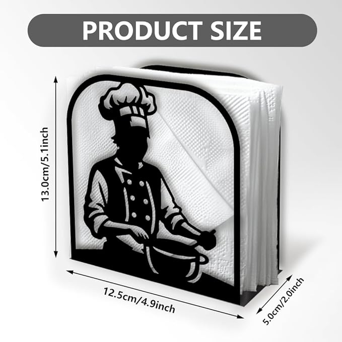 Chef Decorative Black Metal Napkin Holder for Table, 4.9" x 5.1" x 2" Cooking Standing Napkin Holder for Home Kitchen Restaurant Picnic Party Coffee Bar Dining Room
