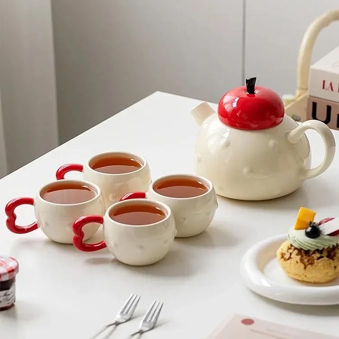 Apple-themed Modern Tea Set, 1 Teapot (28.7oz), 4 Teacups and 1 Tea Tray, Porcelain Tea Set for Adults, Cute Tea Set for Women Tea Party, Gift Package