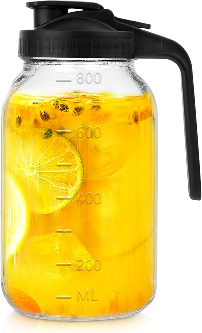 Glass Pitcher with Lid, 32 oz Glass Mason Jar Pitcher with Lid, Heavy Duty Wide Mouth Jar with Lid,Heavy Duty Container for Sun Tea, Juice, Cold Brew Coffee, Breastmilk Storage (Black)