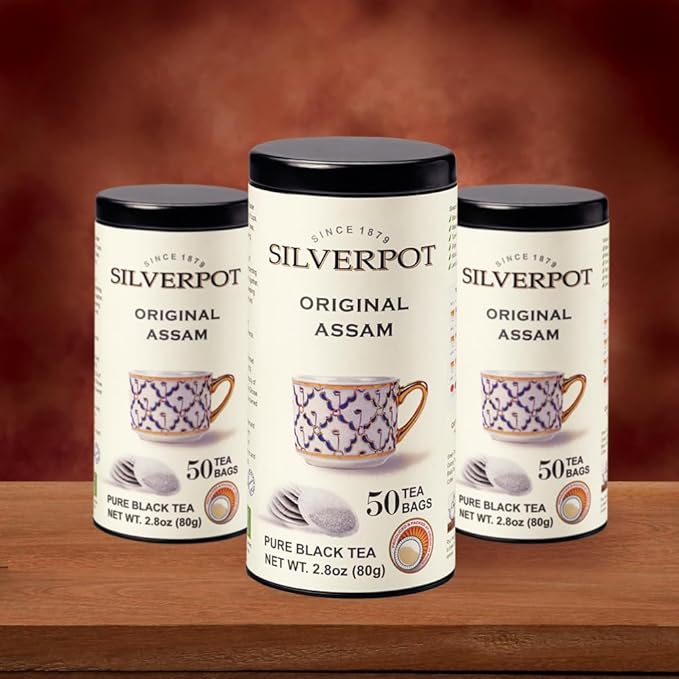 Silverpot Original Assam - 50 Round Tea Bags | Indian Black Tea, CTC | Caffeinated, Farm-Direct | Reusable Tin