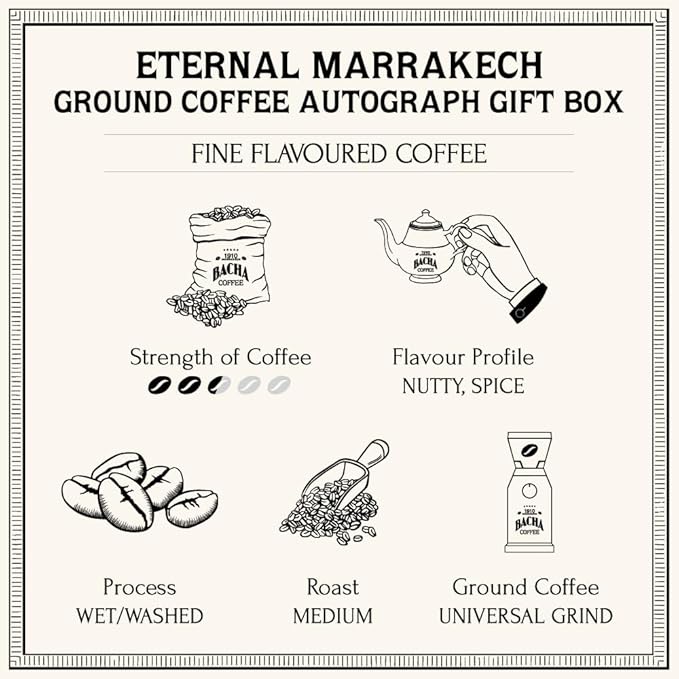 Bacha Coffee | Eternal Marrakech Fine Flavoured Coffee, Autograph Collection, 100% Arabica Specialty Coffee, Ground Beans, Medium Roast, 350g & 100% Natural Unbleached Wood Fibre Paper Filters, Large