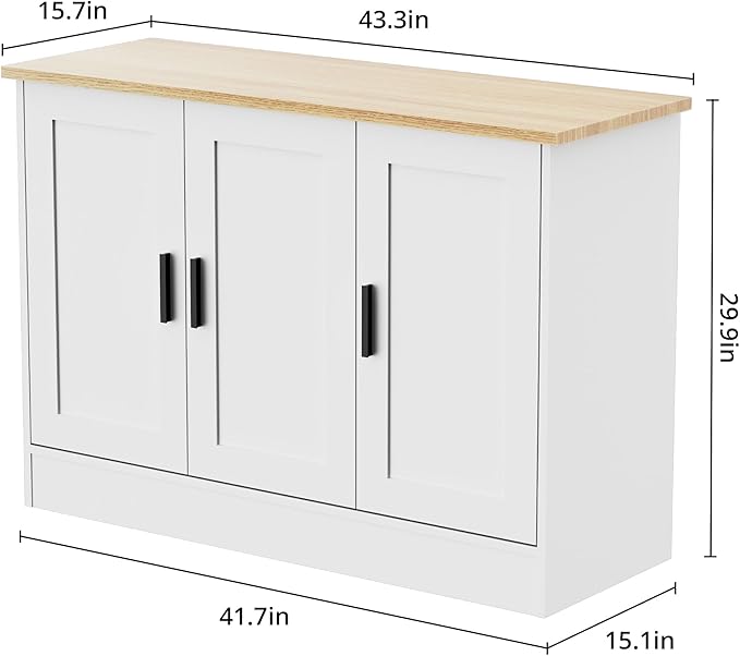 Anystyle 43" White Buffet Cabinet with Black Handles, Small Kitchen Sideboard with 3 Doors & Adjustable Shelves, Modern Entryway Credenza & TV Console Table for Living Room, Dining Room