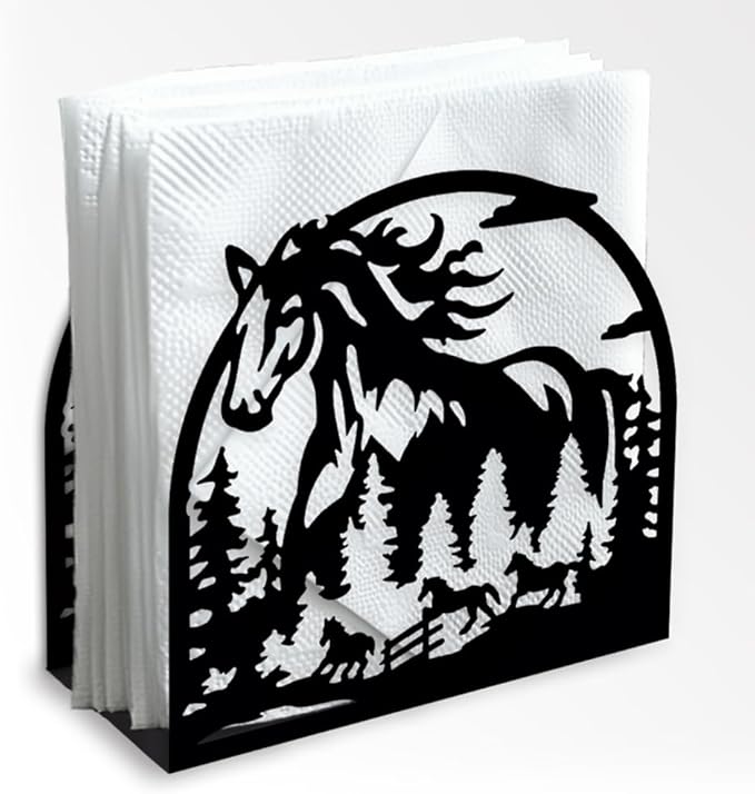 Herd of Horses Decorative Black Metal Napkin Holder for Table, 5.3" x 4.9" x 1.9" Aniaml Tree Forest Standing Napkin Holder for Home Kitchen Restaurant Picnic Party Coffee Bar Dining Room
