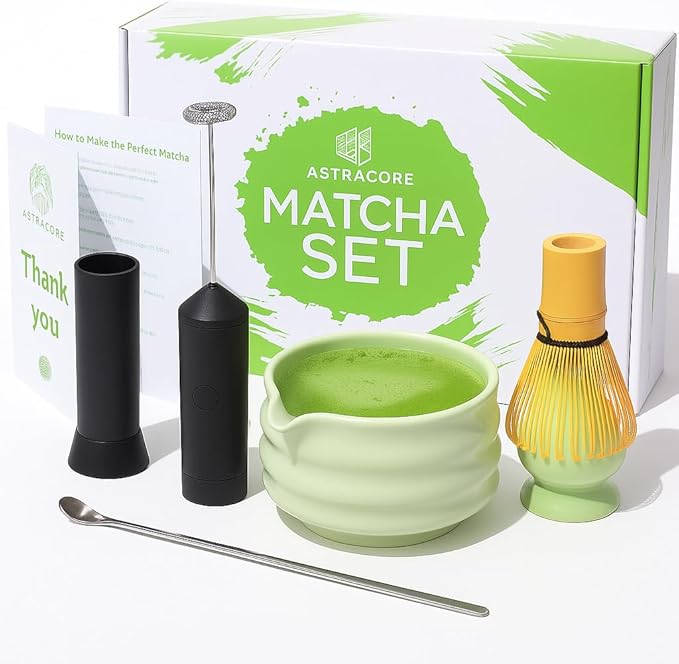 Complete Matcha Kit, 6-Piece Matcha Set with Matcha Bowl with Spout, Bamboo Whisk & Holder, Stainless Steel Spoon, Electric Frother, Matcha Whisk Set Starter Kit for Beginners & Tea Lovers
