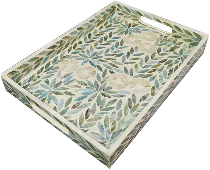 I-lan Creative Rectangular Mother of Pearl Shell Severing Tray Lacquer Wooden Decorative Tray Handmade Shell Serving Tray (35cm)