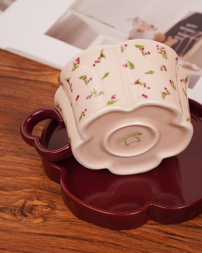 Ceramic Coffee Mug with Saucer Set, Creative Cute Cup with Flower Coaster for Office and Home, 8.4 oz/240 ml for Tea Latte Milk-Pink Cherry (Pink Cherry)