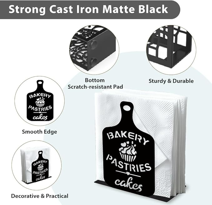 Cutting Board Decorative Black Metal Napkin Holder for Table, 5.3" x 3.4" x 1.9" Bakery Cakes Standing Napkin Holder for Home Kitchen Restaurant Picnic Party Coffee Bar Dining Room