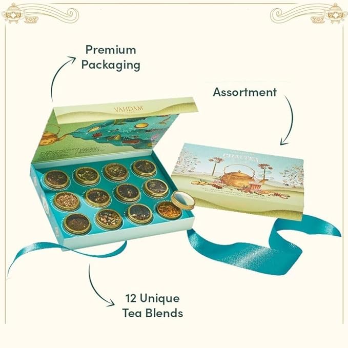 VAHDAM, Chai Tea Gift Set (12 varieties, 60+ servings) Chai Loose Leaf Tea in Tin Caddy Gift Box | Exotic Chai Tea Blends | Gluten Free, Non GMO | Christmas Gifts