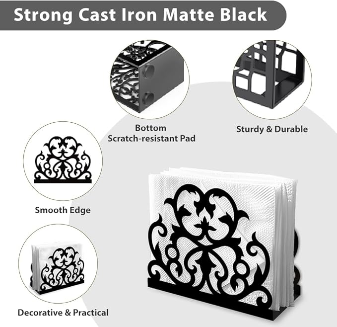 Damask Scrollwork Decorative Black Metal Napkin Holder for Table, 4.9" x 4.3" x 1.9" Scrollwork Standing Napkin Holder for Home Kitchen Restaurant Picnic Party Coffee Bar Dining Room