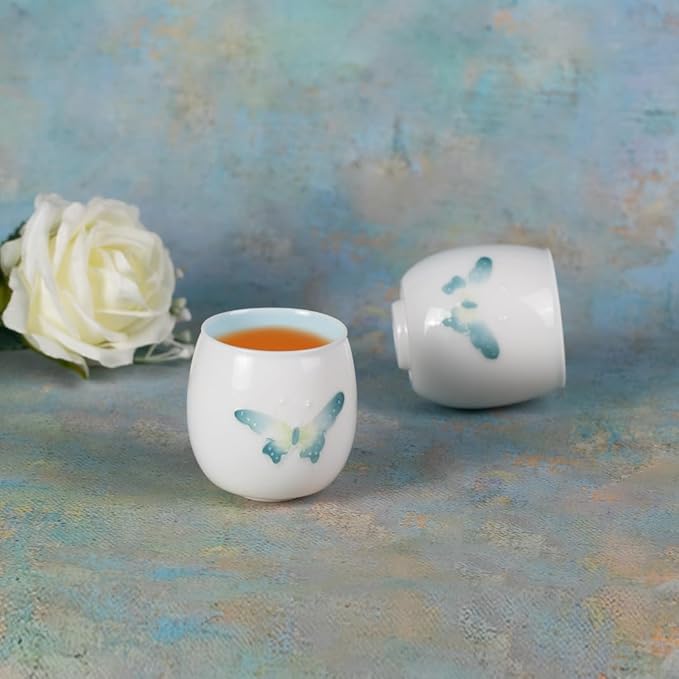 KAMMAK Tea Cup, 2.3oz Small Tea Cups Set of 2, White Porcelain Tea Cups, Ceramic Teacups for Home, Party, Office, Chinese Kungfu Tea Set for Hot/Cold Drink (Blue Butterflies)