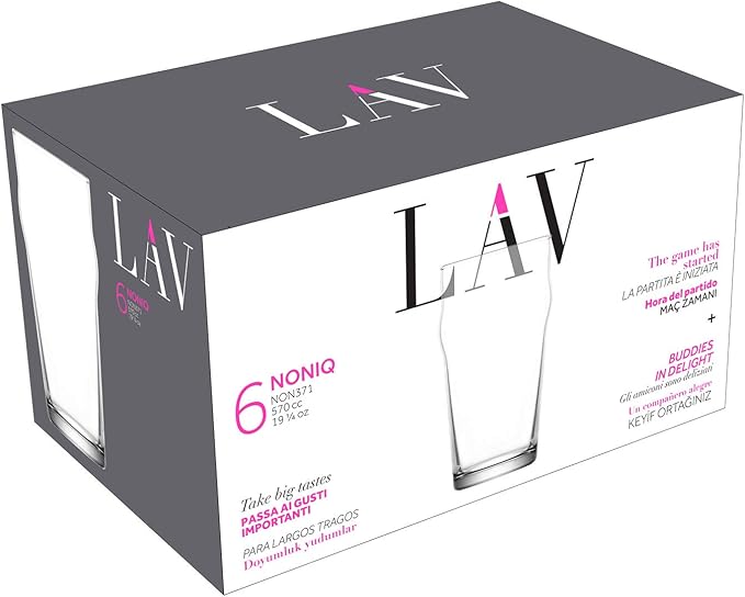 LAV Pint Beer Glasses Set of 6 x 19 oz - Traditional British Pub Pint Glasses - Large Craft Clear Beer, Iced Latte Glasses - Easy Stacking & Lead-Free & Gift Option