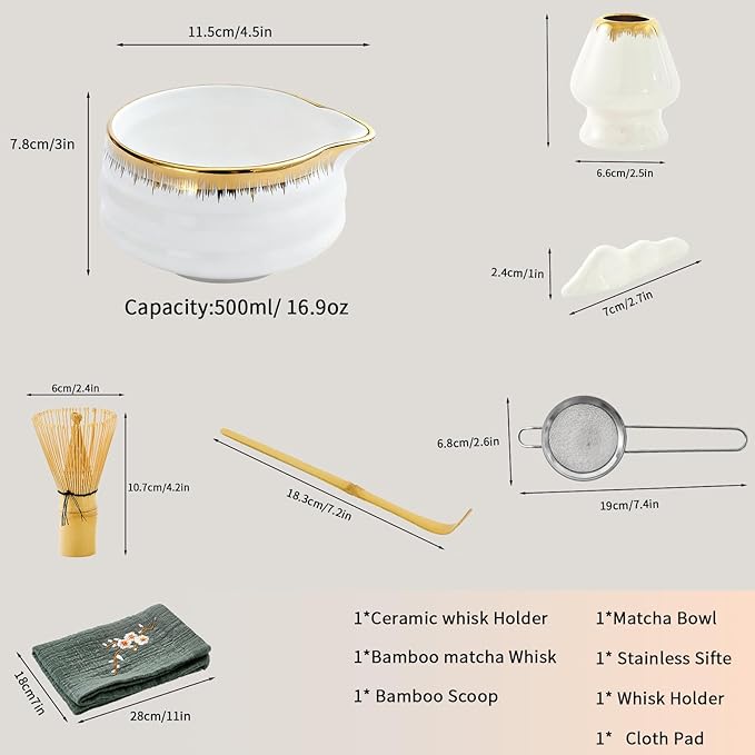 Spouted Matcha Bowl – 7-Piece Matcha Whisk Set, Golden-Textured White Porcelain Matcha Utensils, for Home Use & Matcha Enthusiasts