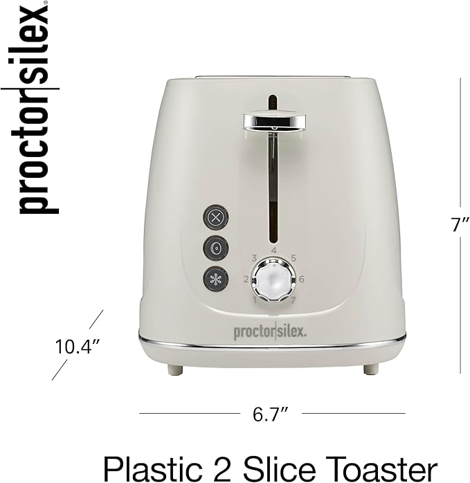 Proctor Silex Plastic 2 Slice Toaster, Bagel, Defrost & Cancel Buttons, Browning Control With 7 Shades, Auto Shutoff, Slide-Out Crumb Tray, Oat White (22660)
