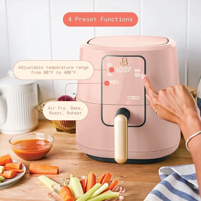 Beautiful 3 Quart Digital Air Fryer with TurboCrisp Technology – Matte Finish, Touchscreen, Nonstick Basket (Rose)