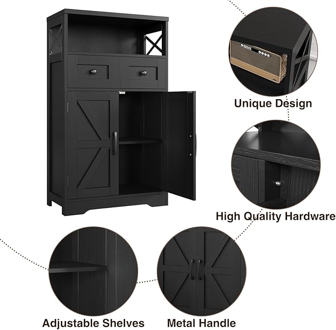 Black Storage Cabinet with Drawers and Shelves, Freestanding Black Kitchen Pantry, Floor Storage Cabinet Hutch Cupboard for Dining, Living Room, Home Office