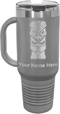 40oz Vacuum Insulated Travel Mug with Handle, Tiki Statue, Personalized Engraving Included (Gray)