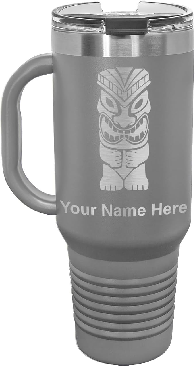 40oz Vacuum Insulated Travel Mug with Handle, Tiki Statue, Personalized Engraving Included (Gray)