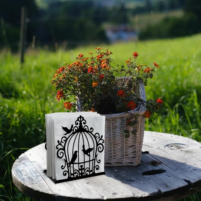 Birdcage and Bird Decorative Black Metal Napkin Holder for Table, 4.9" x 5.3" x 1.9" Birdcage and Bird Standing Napkin Holder for Home Kitchen Restaurant Picnic Party Coffee Bar Room