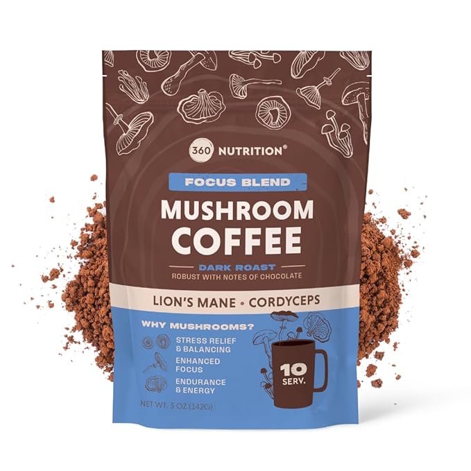 360 Nutrition Instant Mushroom Coffee with Cordyceps, Lion’s Mane Superfood Mushrooms and Ashwagandha for Cognitive Balance, Memory and Focus | Dark Roast, No Added Sugar 5 oz (Focus Blend)