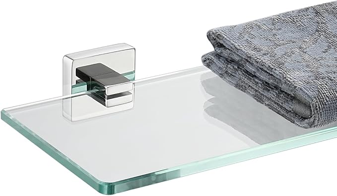 JQK Bathroom Glass Shelf, Floating Tempered Glass Shower Storage 24 by 5 inches, 304 Stainless Steel Polished Chrome Wall Mount, TGS201L24-CH
