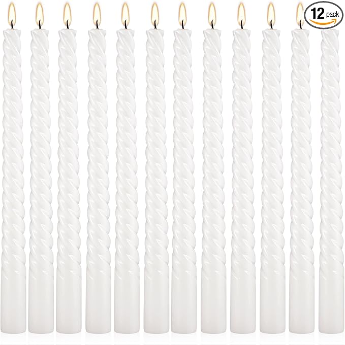 10 Inch White Spiral Taper Candle Set of 12 Pack Unscented Dripless Candlesticks for Valentine's Day,Dinner,Party,Brithday,Wedding,Christmas,and Home Decoration