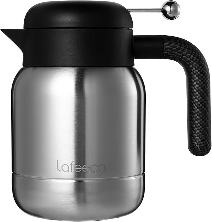 Aura Thermal Coffee Carafe Tea Pot for Keeping Hot & Iced Cold - Vacuum Insulated - Thermos Water Pitcher - Beverage Dispenser - Leakproof Cool touch handle - BPA Free - 1 Liter - Stainess
