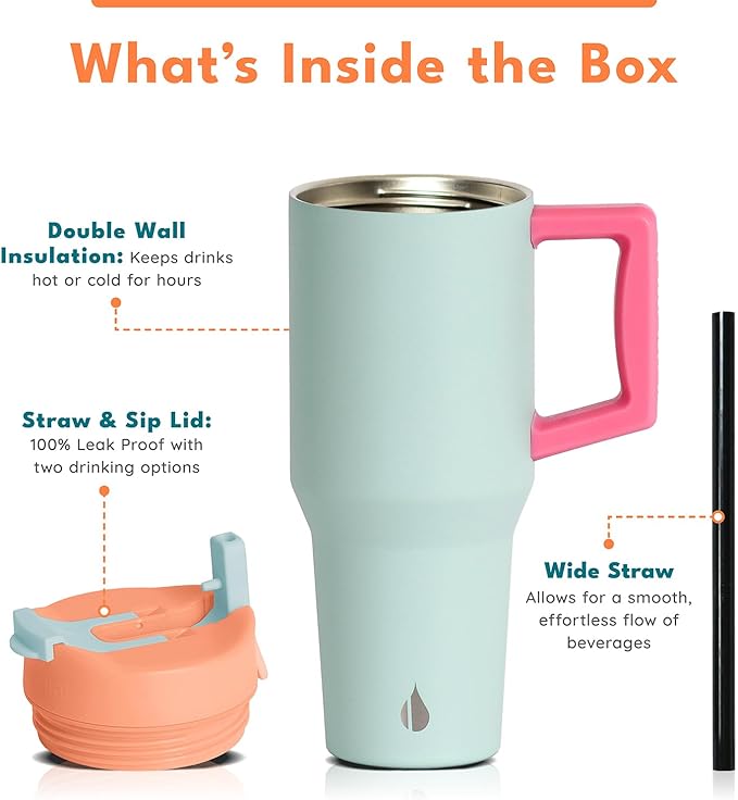 Elemental 32 oz 100% Leak Proof Tumbler with Handle & Straw - Stainless Steel Double Wall Insulated Tumbler for Hot and Cold Beverages - Travel Coffee Mug with Sip & Straw Lid - Mint Sorbet