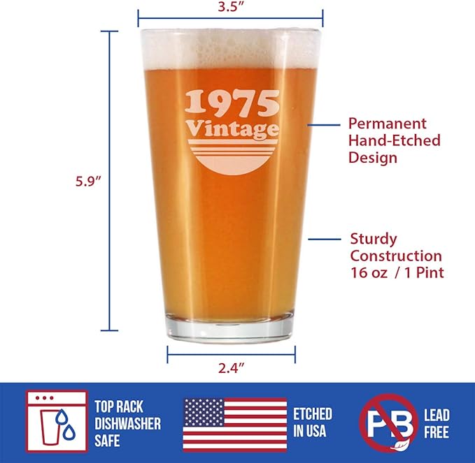 Vintage 1975 Pint Glass for Beer - 50th Birthday Gifts for Men or Women Turning 50 - Fun Bday Party Decor - 16 oz