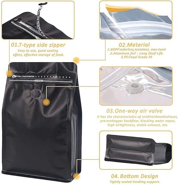 REMTAP Coffee Bags with Valve,(100pcs,16 oz,1lb) Black High Barrier Aluminum Foil Flat Bottom Stand up Empty Coffee Beans Storage Bag