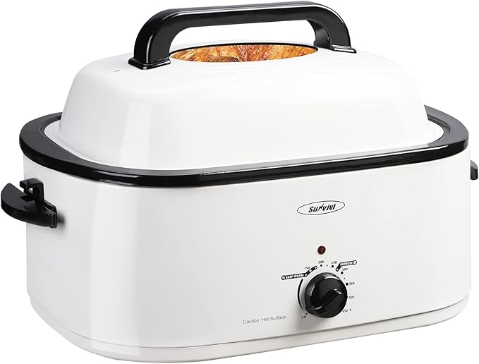 Sunvivi 26 Quart Electric Roaster with Removable Pan, 30 LB Electric Turkey Roaster Oven with Visible & Self-Basting Lid,Large Roaster with Turkey Holder and Cool-Touch Handles,White Body