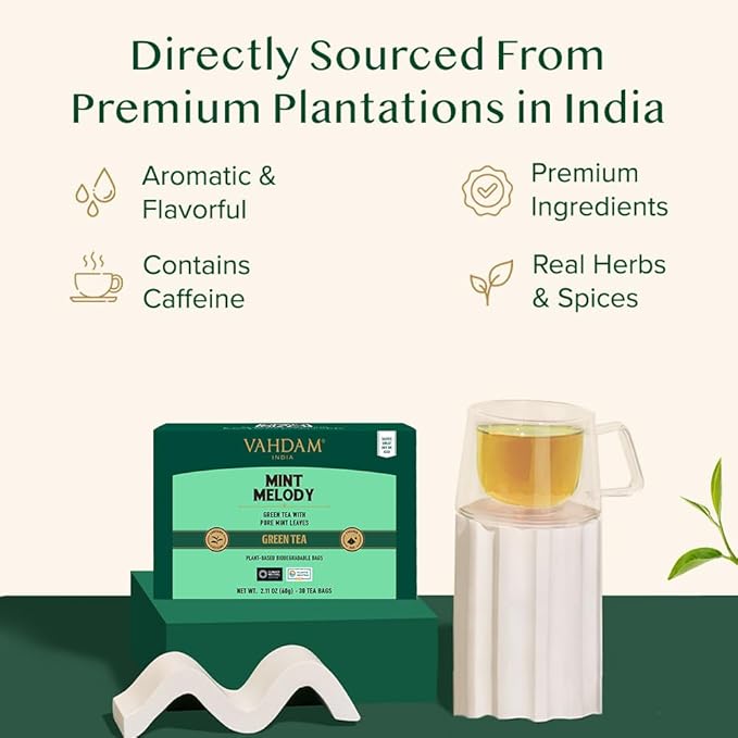 VAHDAM, Mint Green Tea Bags (30 Count) 100% Pure Leaf Tea, High Grown, Low Caffeine, Non GMO, Gluten Free | Individually Wrapped Plant-Based Pyramid Tea Bags | Direct from Source