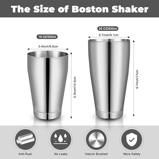 Dandat Cocktail Shaker, Professional Boston Cocktail Shaker Set, Stainless Steel Martini Drink Shakers Bartending, 18 Oz & 28 Oz Bar Shake Mixer Tin Tools for Bartender Cocktails(Silver,16 Pcs)