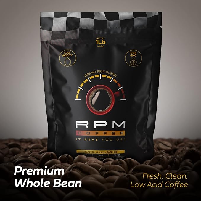 1LB RPM Grand Prix Premium Coffee, Standard Caffeine - Supercharged Flavor, Medium-Dark Roast, 100% Arabica Beans, Low Acidity