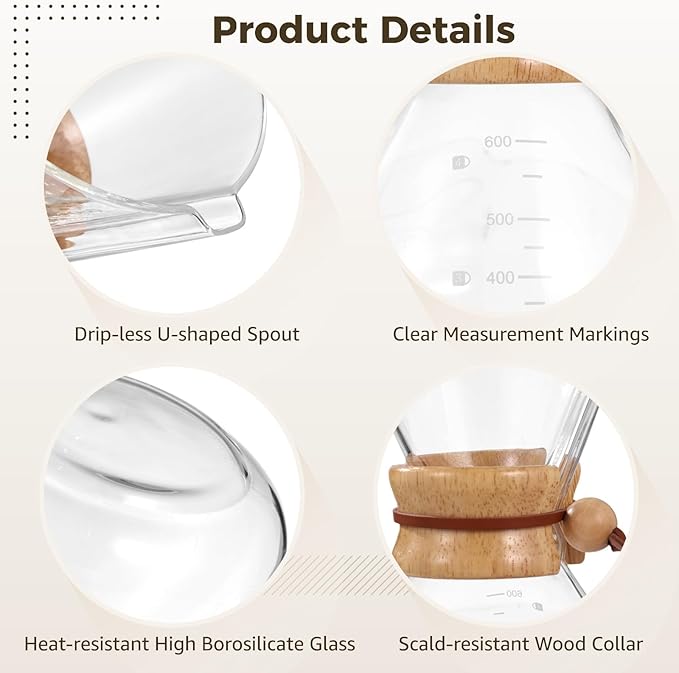OMISTAR Pour Over Coffee Maker, 20 oz Borosilicate Glass Coffee Pot with Stainless Steel Filter & Wood Collar, Heat Resistant Carafe for Home, Office, Camping, Hiking